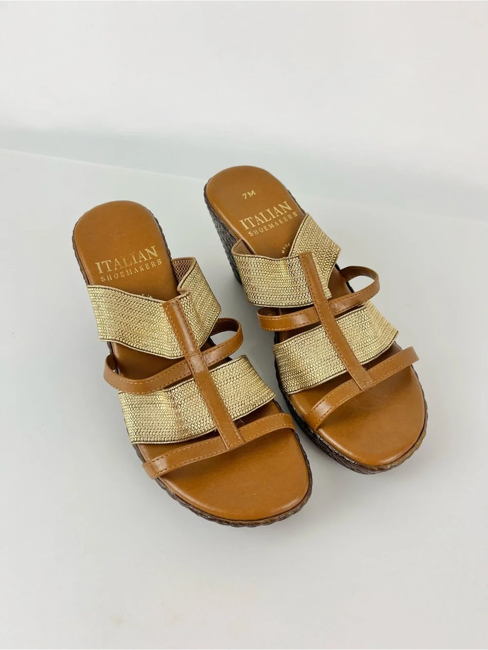 Italian Shoemakers Metallic Gold and Dark Tan Woven Wedge Sandals Size 7